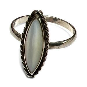 Vintage Sterling Silver Moonstone Ring, Marquise Cabochon, Twisted Rope Setting